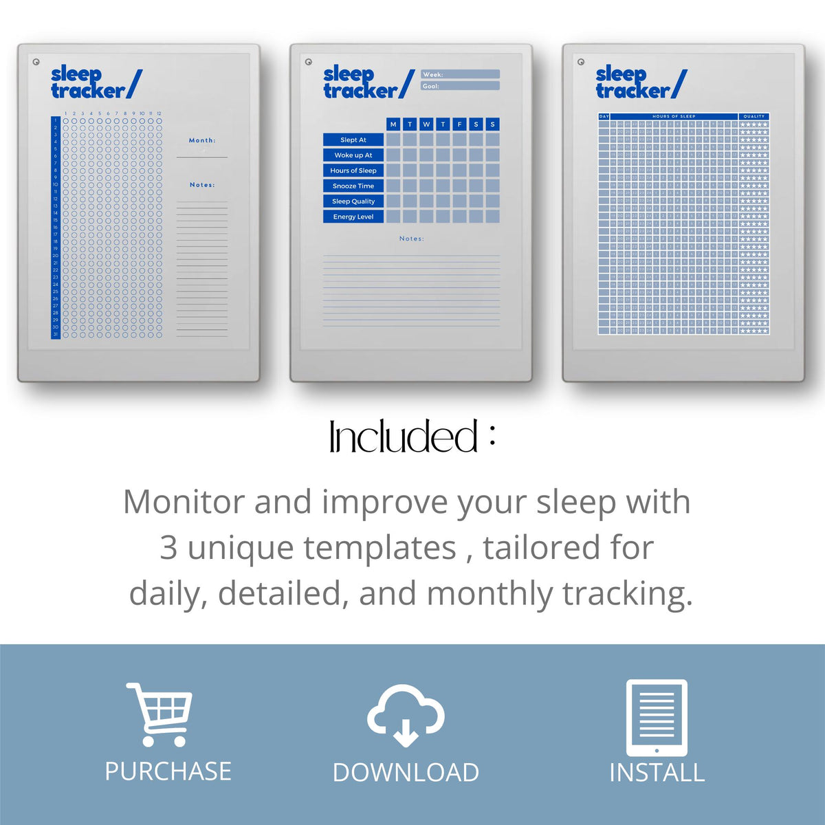 Sleep Tracker Bundle for reMarkable Paper Pro with reusable daily, weekly, and monthly sleep tracking templates, wellness planning layouts, and minimalist digital sleep journal pages.