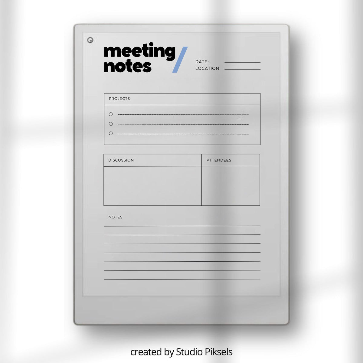 Meeting Minutes Template for reMarkable Paper Pro structured digital planner with 50 pages for meeting notes, project tracking, and professional documentation. Clean minimalist layout for organized note-taking and efficient meeting management.