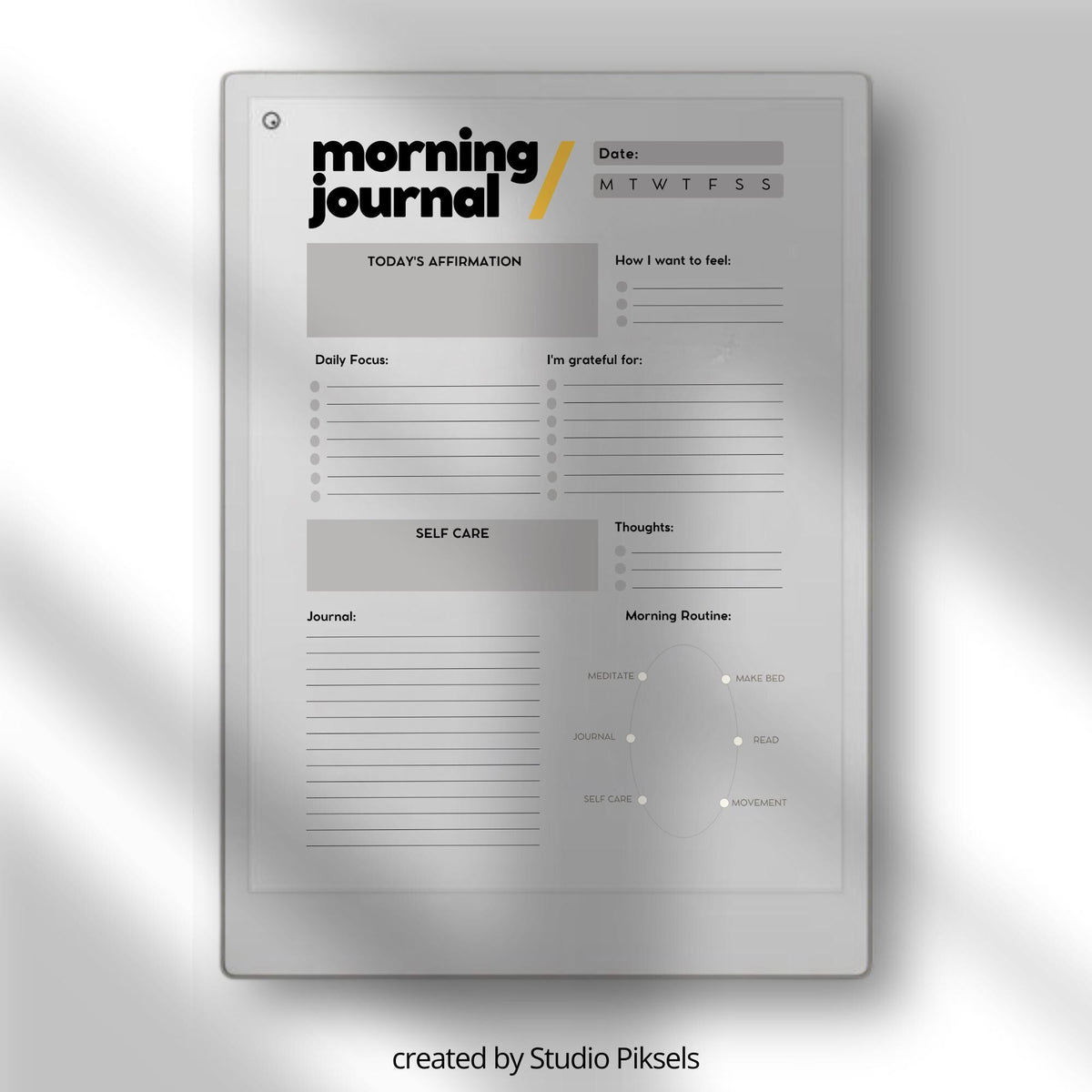Morning Journal for reMarkable Paper Pro with guided digital journaling pages for gratitude, mindfulness, reflection, and daily planning