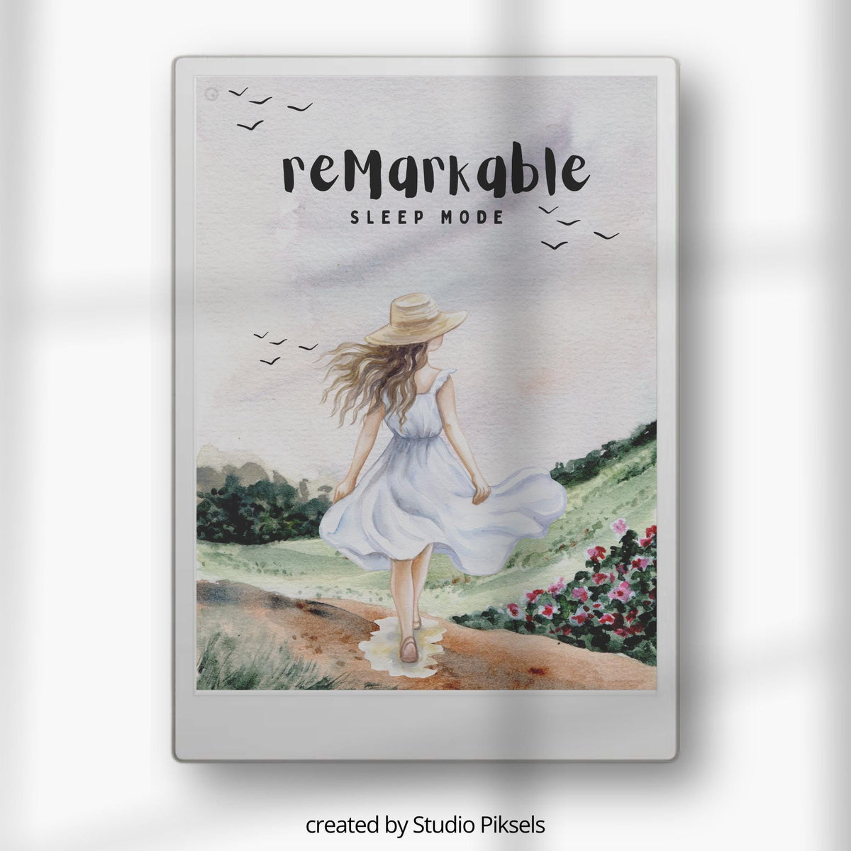 Landscape sleep screen bundle for reMarkable Paper Pro featuring watercolor nature scenes with forests, gardens, lakes, and peaceful outdoor artwork designed for calming E Ink device customization.