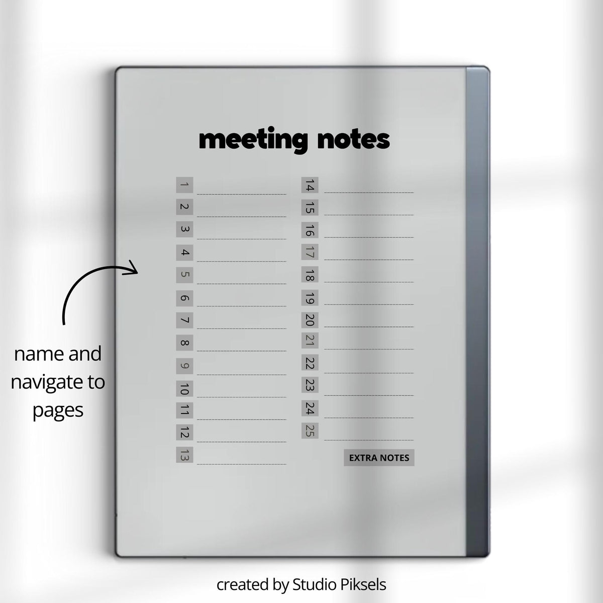 Hyperlinked Meeting Notes Template for reMarkable 2 and reMarkable Paper Pure featuring structured meeting pages, clickable navigation, and minimalist digital note-taking layouts