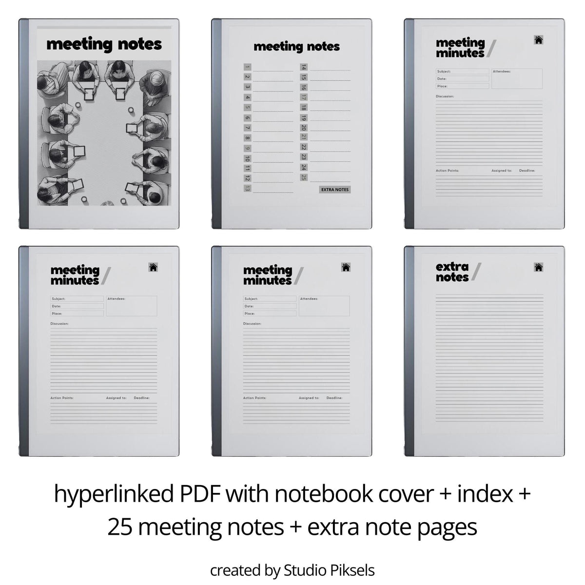 Hyperlinked Meeting Notes Template for reMarkable 2 and reMarkable Paper Pure featuring structured meeting pages, clickable navigation, and minimalist digital note-taking layouts