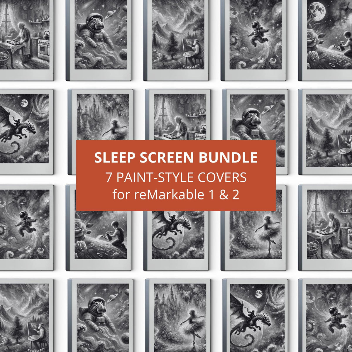 Add a creative and artistic touch to your reMarkable device with this collection of painting-style sleep screens. Designed for grayscale E Ink displays, these illustrated screens bring imagination, storytelling, and personality to your tablet while maintaining excellent clarity and detail.