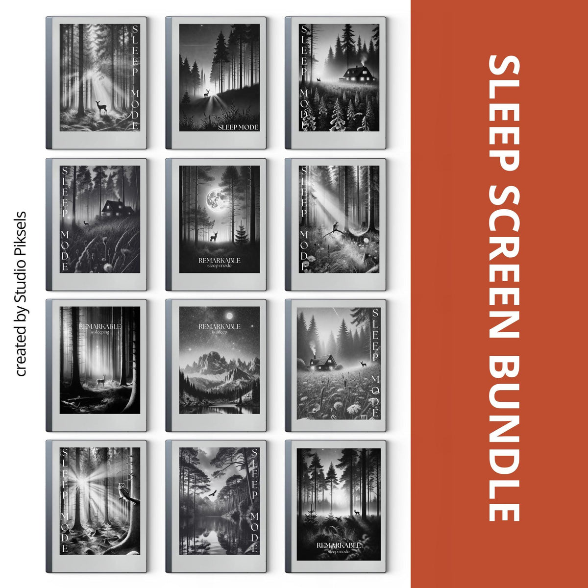 Forest sleep screen bundle for reMarkable 2 and reMarkable Paper Pure with peaceful woodland and mountain artwork in PNG format