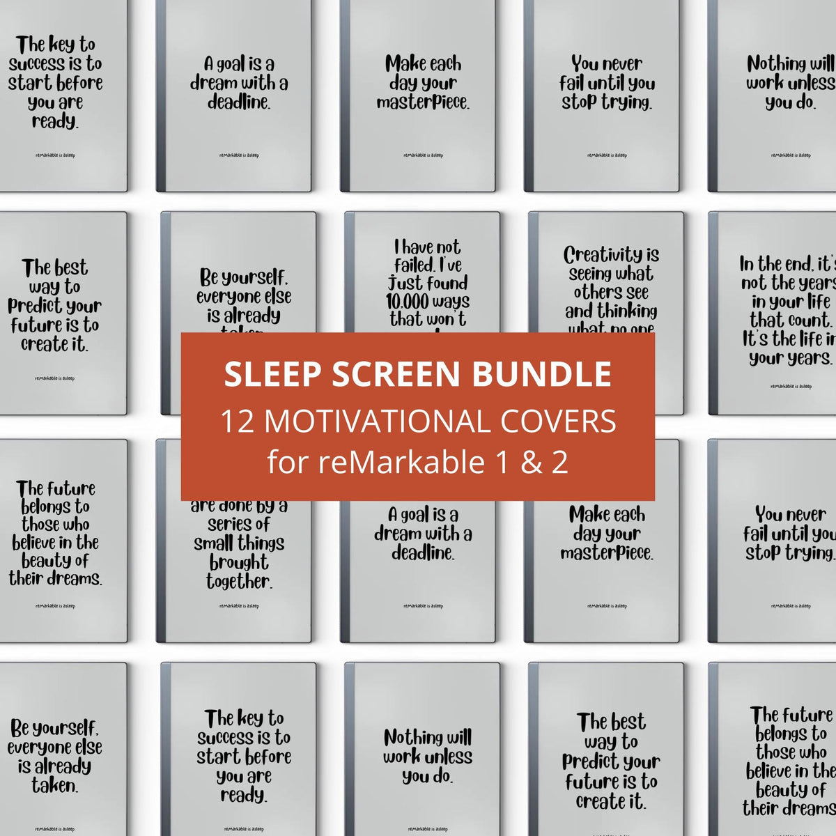 Inspirational quote sleep screen bundle for reMarkable 2 and reMarkable Paper Pure with motivational typography designs in PDF and PNG format