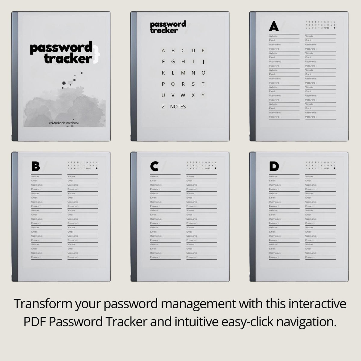 Password Tracker for reMarkable digital product preview.