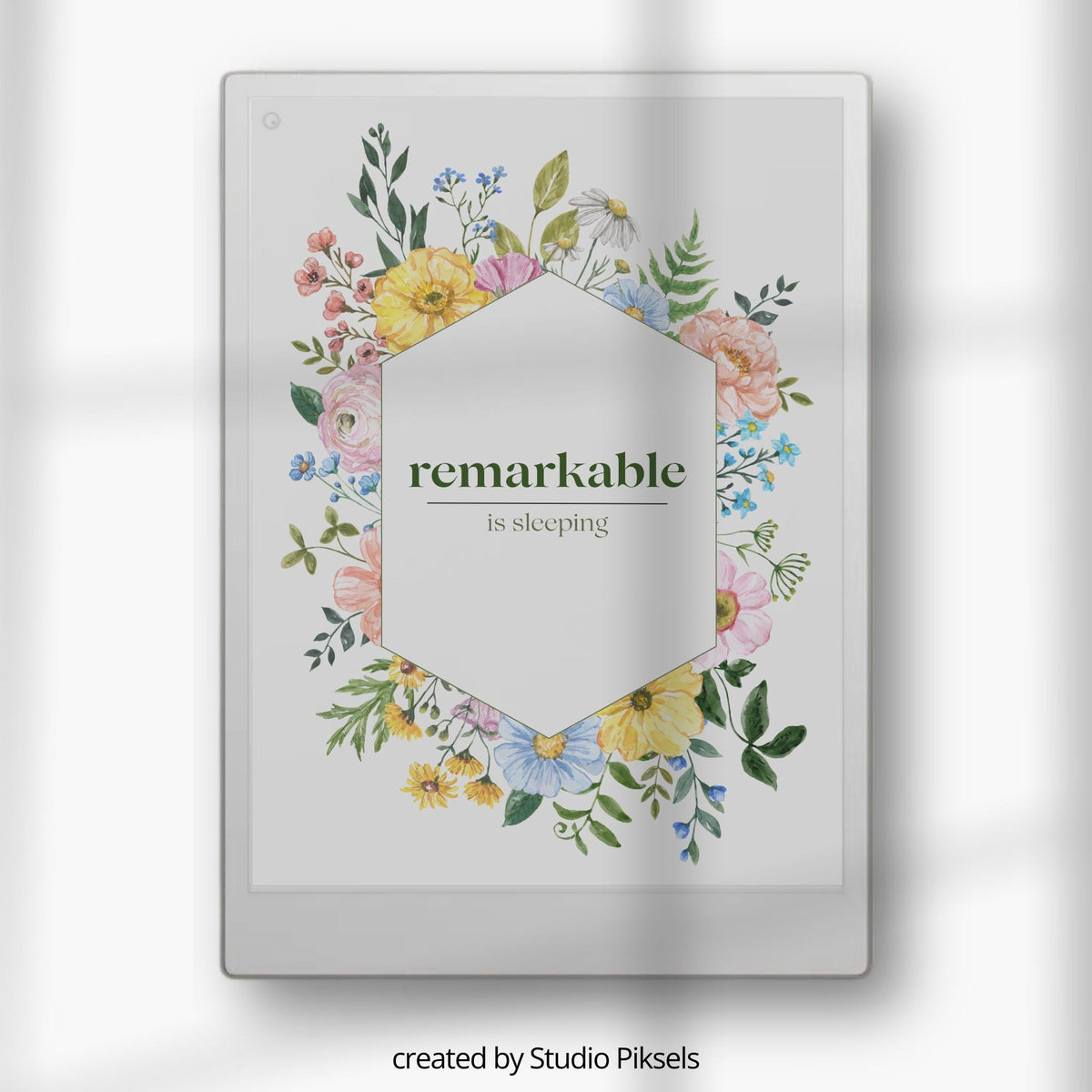 Botanical sleep screen for the reMarkable Paper Pro featuring a high-resolution floral PNG background design and detailed geometric flower artwork.