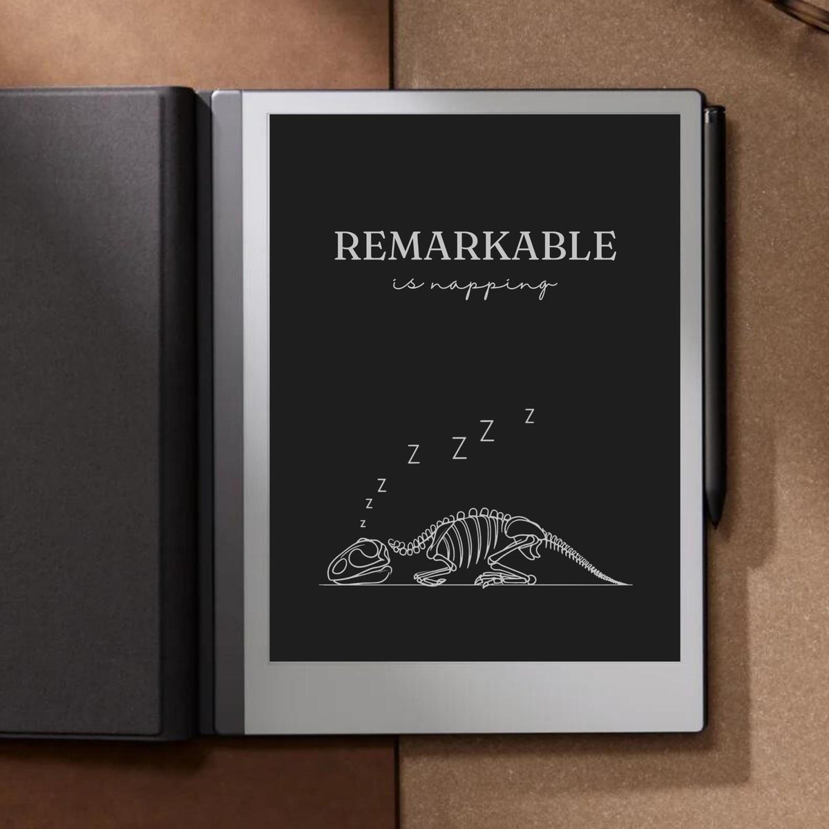 Napping dinosaur sleep screen for reMarkable 2 and reMarkable Paper Pure with cute minimalist dinosaur artwork in PNG format