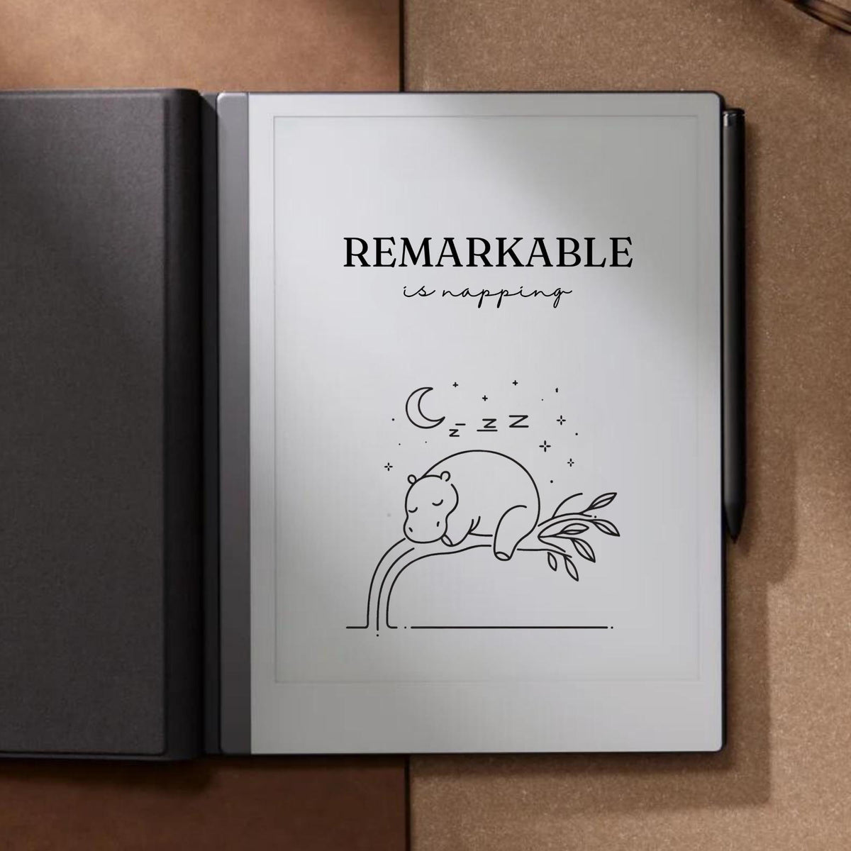 Napping hippo sleep screen for reMarkable 2 and reMarkable Paper Pure with cute minimalist animal line art in PNG format
