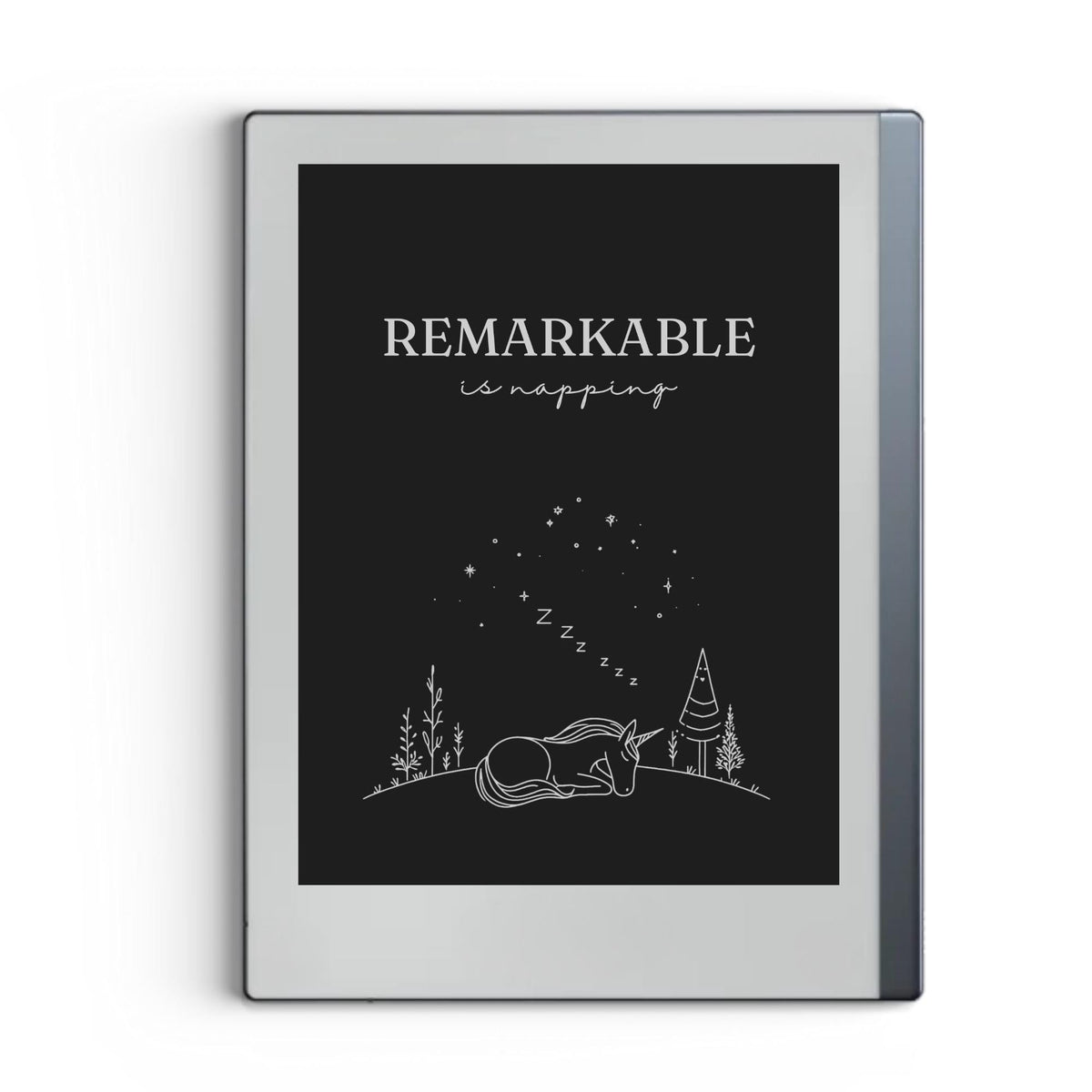 Napping unicorn sleep screen for reMarkable 2 and reMarkable Paper Pure with cute fantasy unicorn artwork in PNG format
