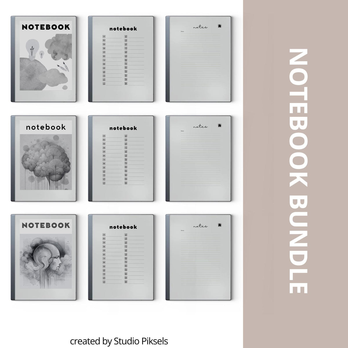 Hyperlinked Notebook Bundle for reMarkable 2 and reMarkable Paper Pure featuring artistic digital notebooks with lined pages, clickable indexes, and abstract cover designs