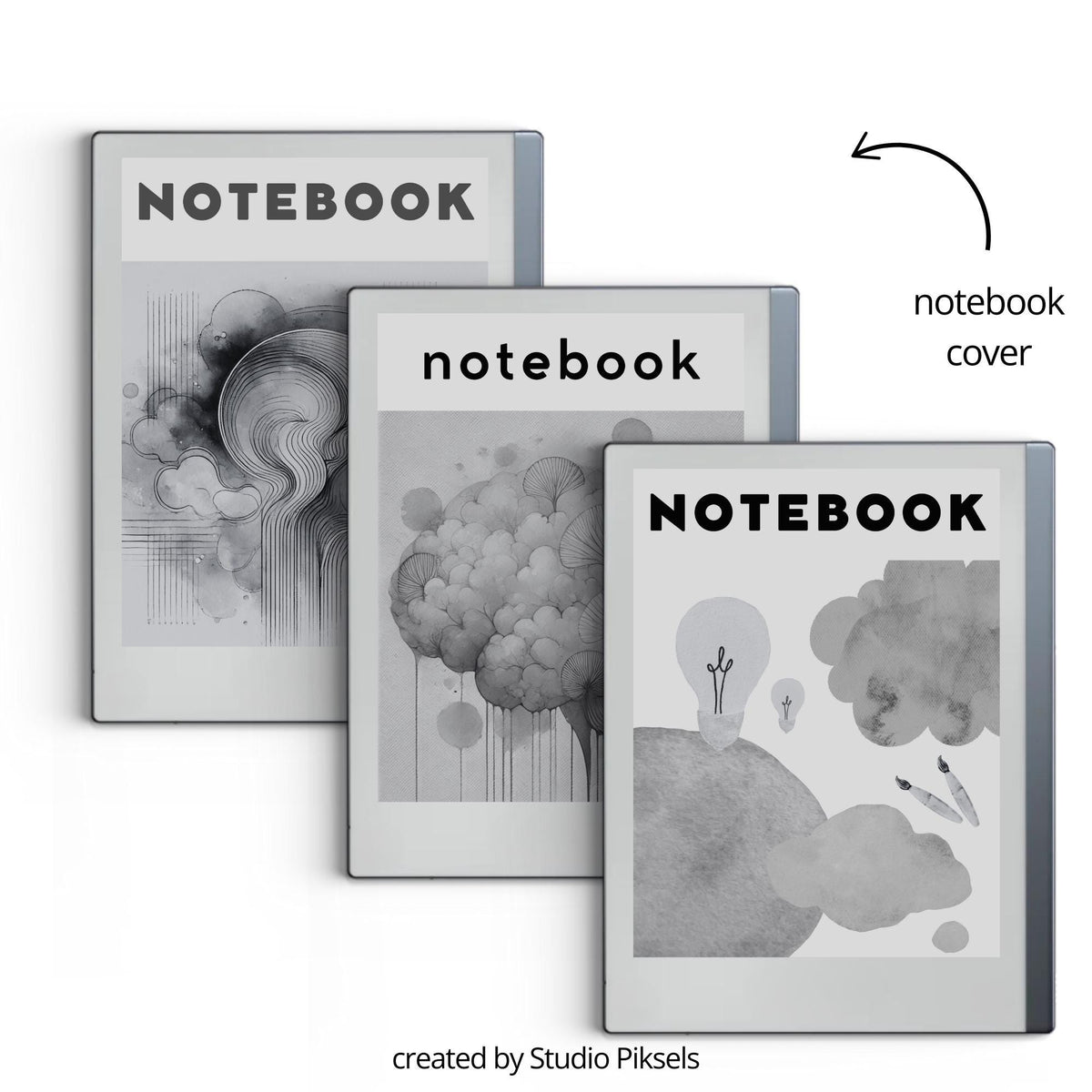 Hyperlinked Notebook Bundle for reMarkable 2 and reMarkable Paper Pure featuring artistic digital notebooks with lined pages, clickable indexes, and abstract cover designs