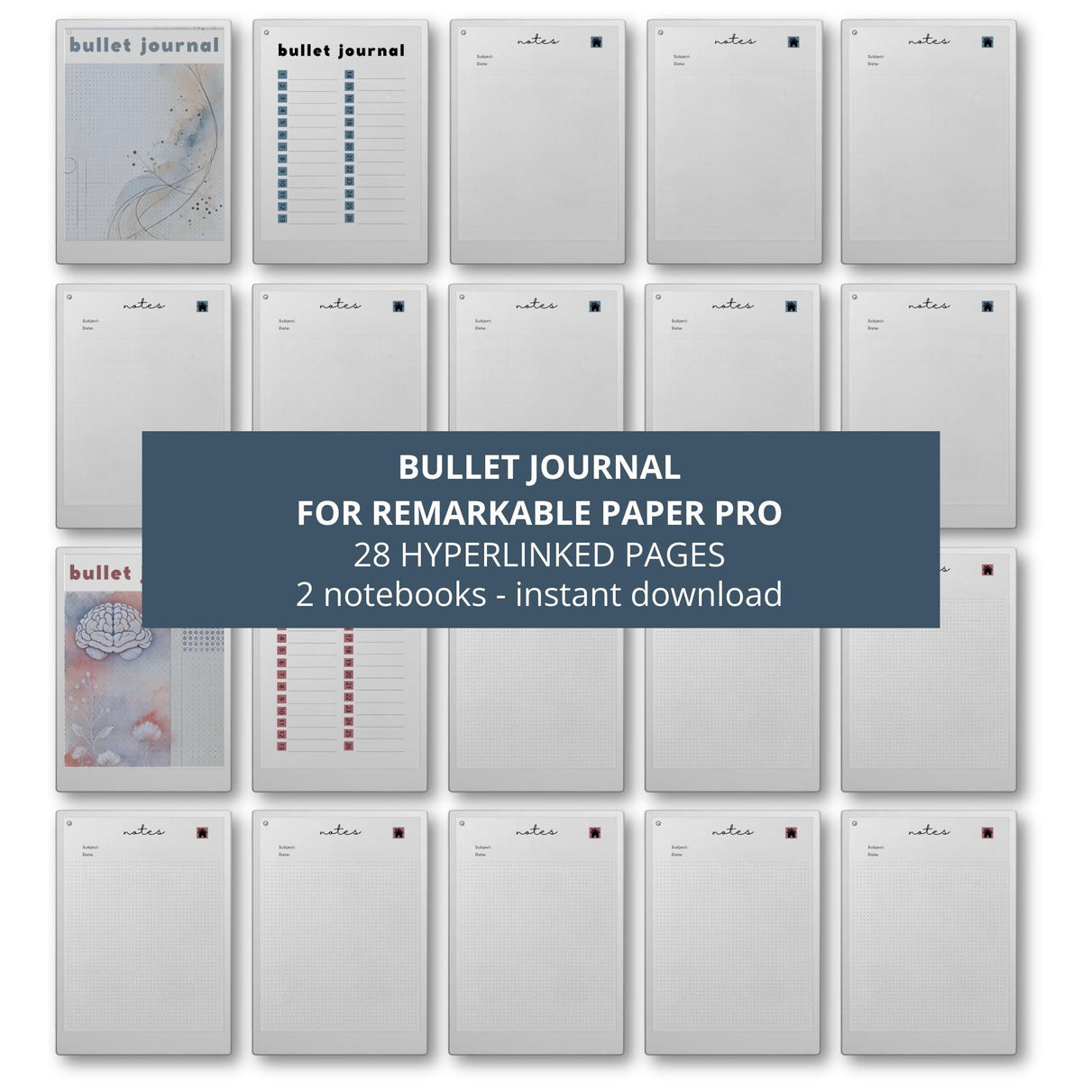 Hyperlinked Bullet Journal Bundle for reMarkable Paper Pro with dot grid notebook layouts, digital journaling pages, productivity planning templates, and reusable notebook PDFs.