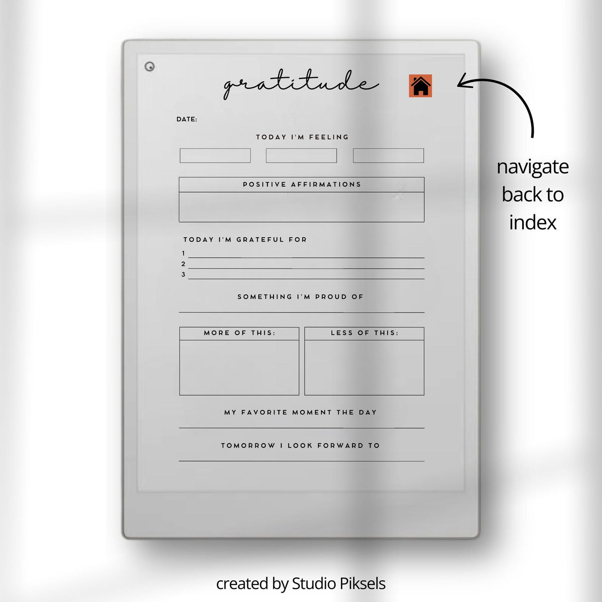 Hyperlinked gratitude journal bundle for reMarkable Paper Pro with minimalist 31-day daily reflection pages, structured mindfulness prompts, and three digital notebook designs for consistent gratitude practice.