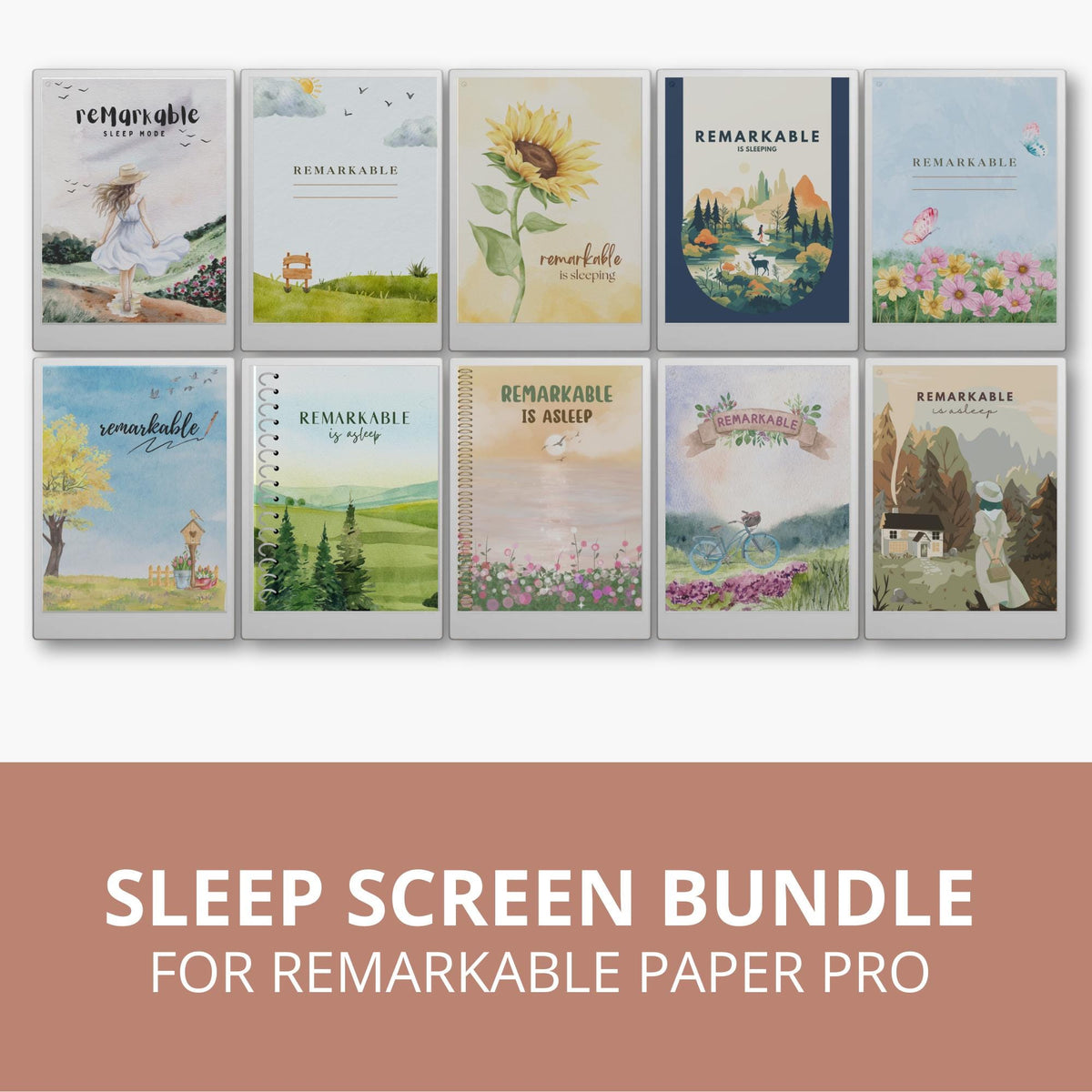 Landscape sleep screen bundle for reMarkable Paper Pro featuring watercolor nature scenes with forests, gardens, lakes, and peaceful outdoor artwork designed for calming E Ink device customization.