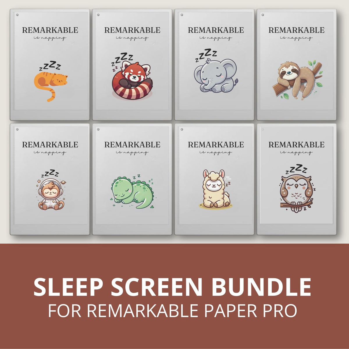 Add a cozy and playful look to your device with this Cute Sleep Screen Bundle designed for reMarkable Paper Pro. This collection includes 8 adorable sleep screen designs featuring peaceful napping animals in a soft cartoon style, bringing warmth and personality to your device during sleep mode.