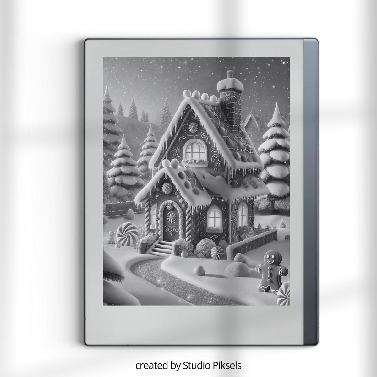 Christmas Winter Sleep Screen Bundle for reMarkable 1, reMarkable 2, and Paper Pure featuring festive holiday scenes, snowy landscapes, cozy cabins, and grayscale sleep screen artwork optimized for E Ink displays.