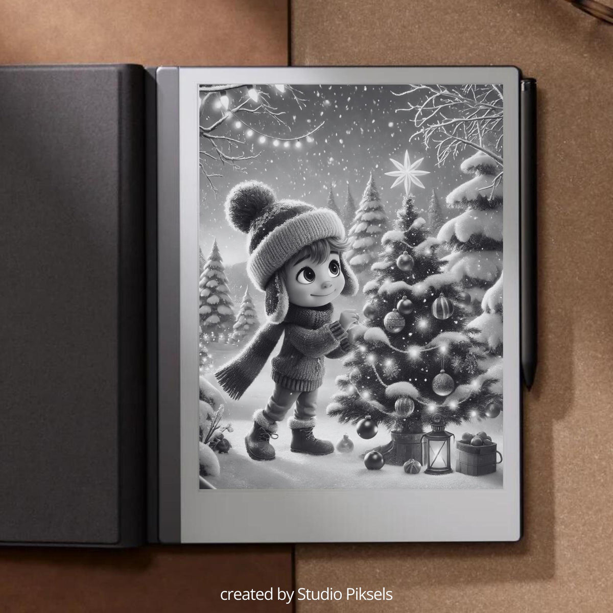 Christmas Winter Sleep Screen Bundle for reMarkable 1, reMarkable 2, and Paper Pure featuring festive holiday scenes, snowy landscapes, cozy cabins, and grayscale sleep screen artwork optimized for E Ink displays.