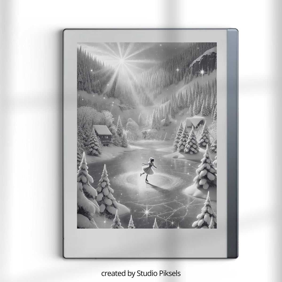 Christmas Winter Sleep Screen Bundle for reMarkable 1, reMarkable 2, and Paper Pure featuring festive holiday scenes, snowy landscapes, cozy cabins, and grayscale sleep screen artwork optimized for E Ink displays.