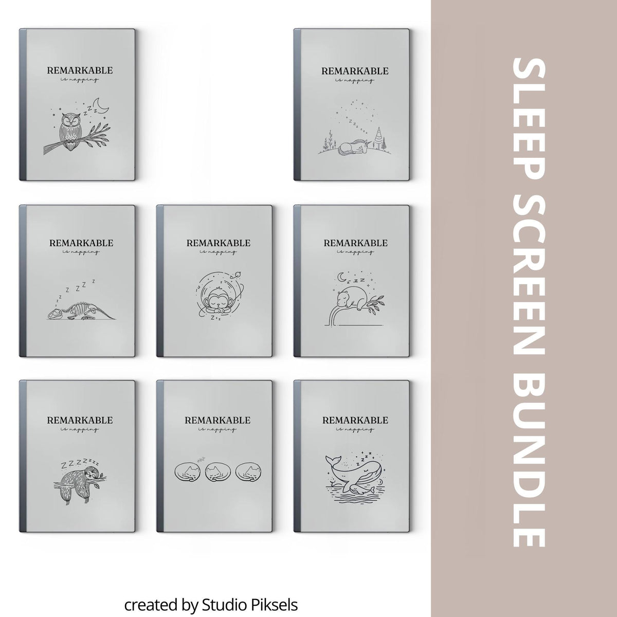 Napping animals sleep screen bundle for reMarkable 2 and reMarkable Paper Pure with cute sleeping animal line art PNG designs