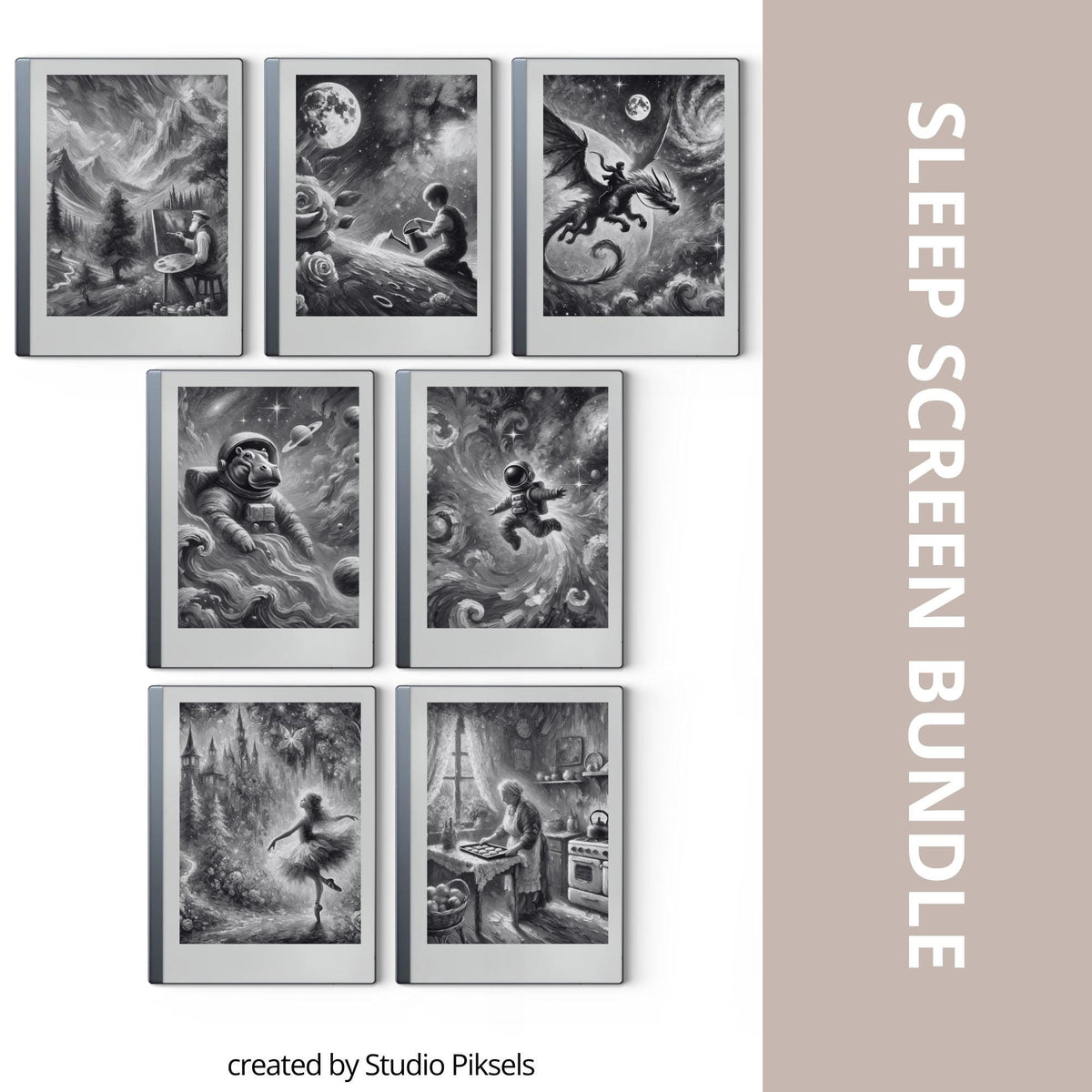 Add a creative and artistic touch to your reMarkable device with this collection of painting-style sleep screens. Designed for grayscale E Ink displays, these illustrated screens bring imagination, storytelling, and personality to your tablet while maintaining excellent clarity and detail.
