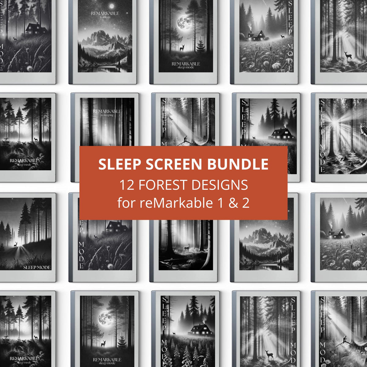 Forest sleep screen bundle for reMarkable 2 and reMarkable Paper Pure with peaceful woodland and mountain artwork in PNG format