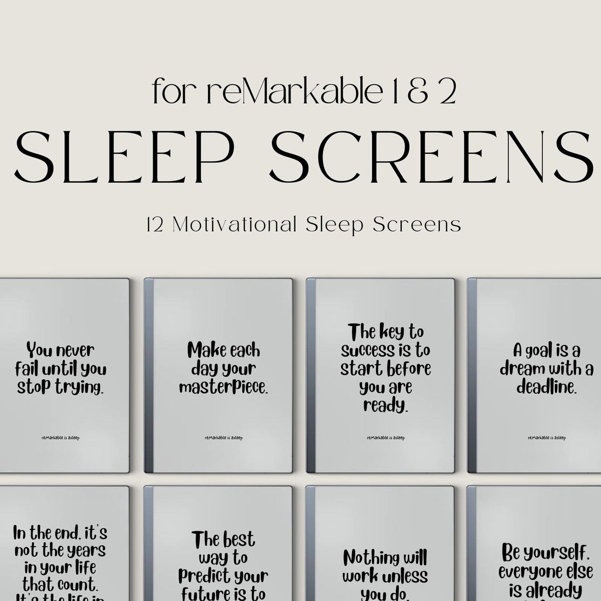Inspirational quote sleep screen bundle for reMarkable 2 and reMarkable Paper Pure with motivational typography designs in PDF and PNG format