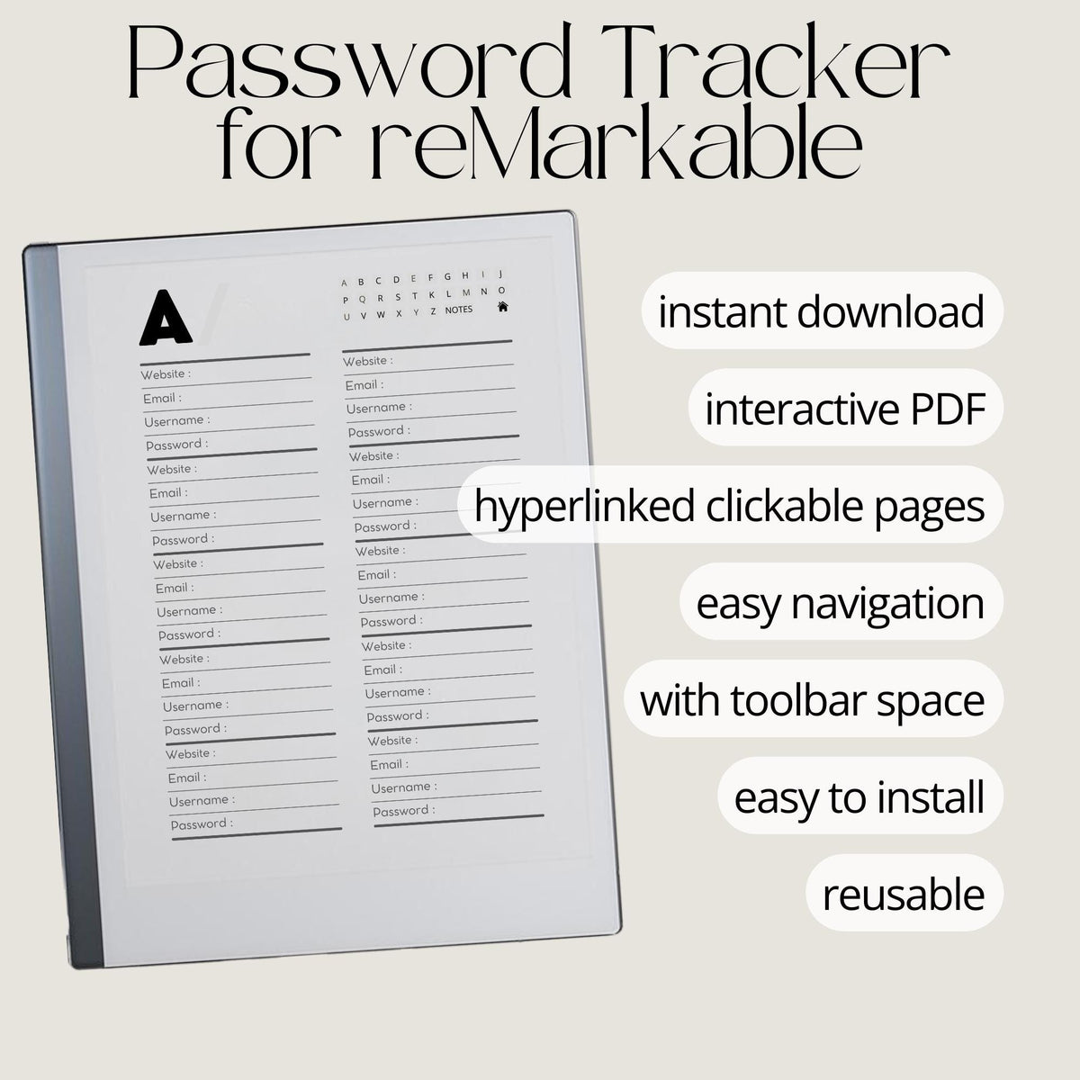 Password Tracker for reMarkable digital product preview.