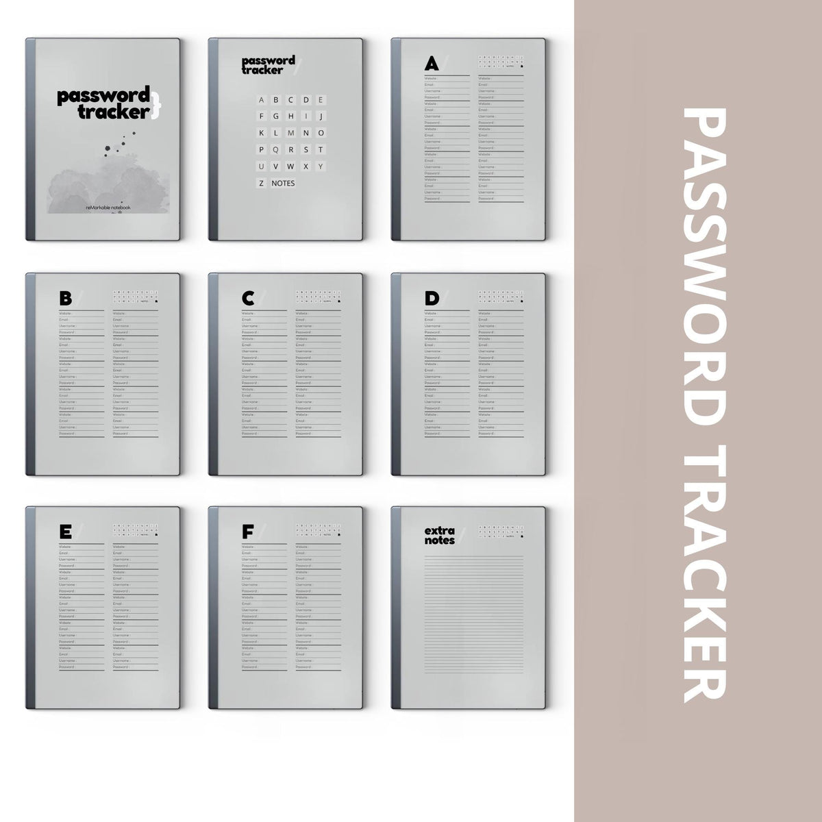 Password Tracker for reMarkable digital product preview.