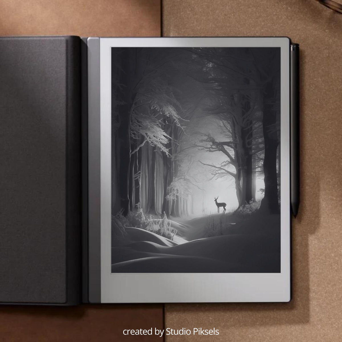 Winter Sleep Screen Bundle for reMarkable with 8 grayscale winter-themed sleep screens featuring snowy landscapes, cozy cabins, forest scenes, and peaceful seasonal artwork optimized for E Ink displays.