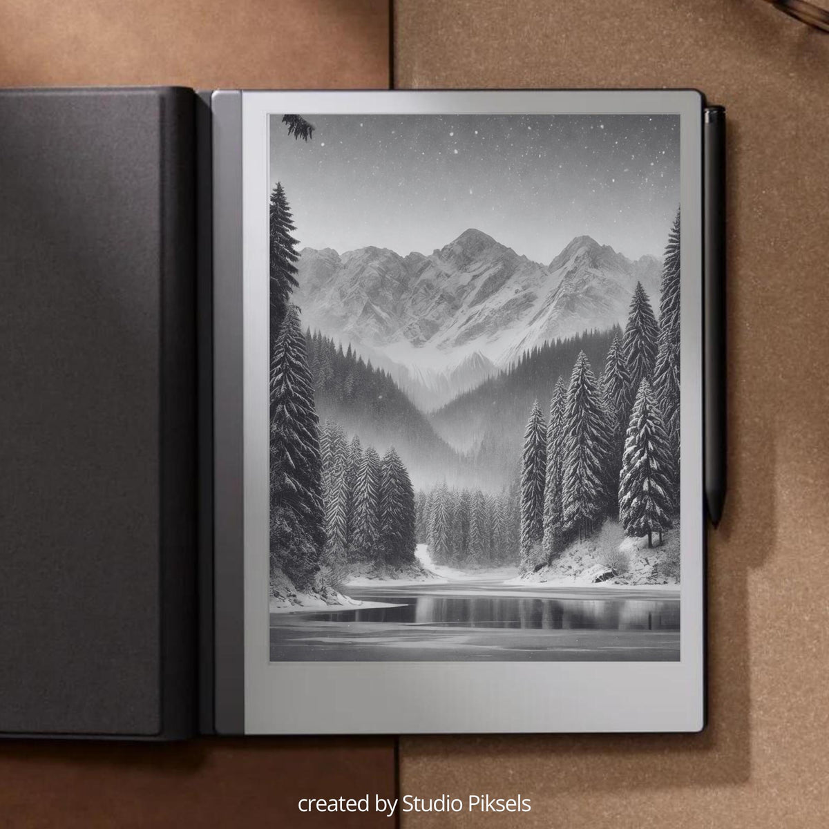 Winter Sleep Screen Bundle for reMarkable with 8 grayscale winter-themed sleep screens featuring snowy landscapes, cozy cabins, forest scenes, and peaceful seasonal artwork optimized for E Ink displays.
