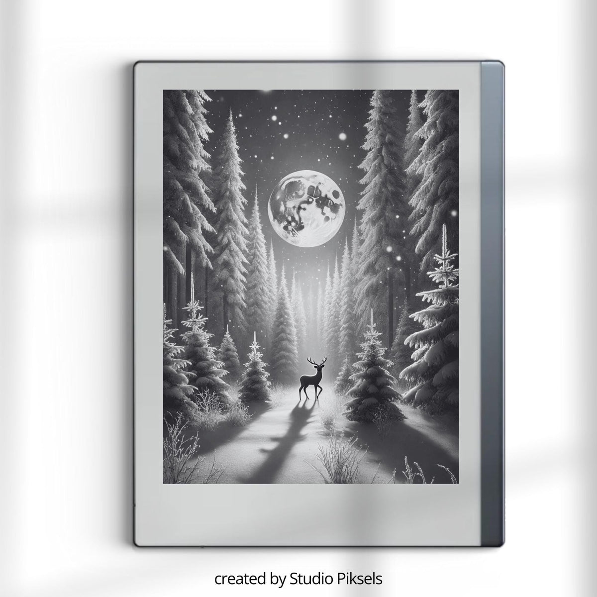 Winter Sleep Screen Bundle for reMarkable with 8 grayscale winter-themed sleep screens featuring snowy landscapes, cozy cabins, forest scenes, and peaceful seasonal artwork optimized for E Ink displays.