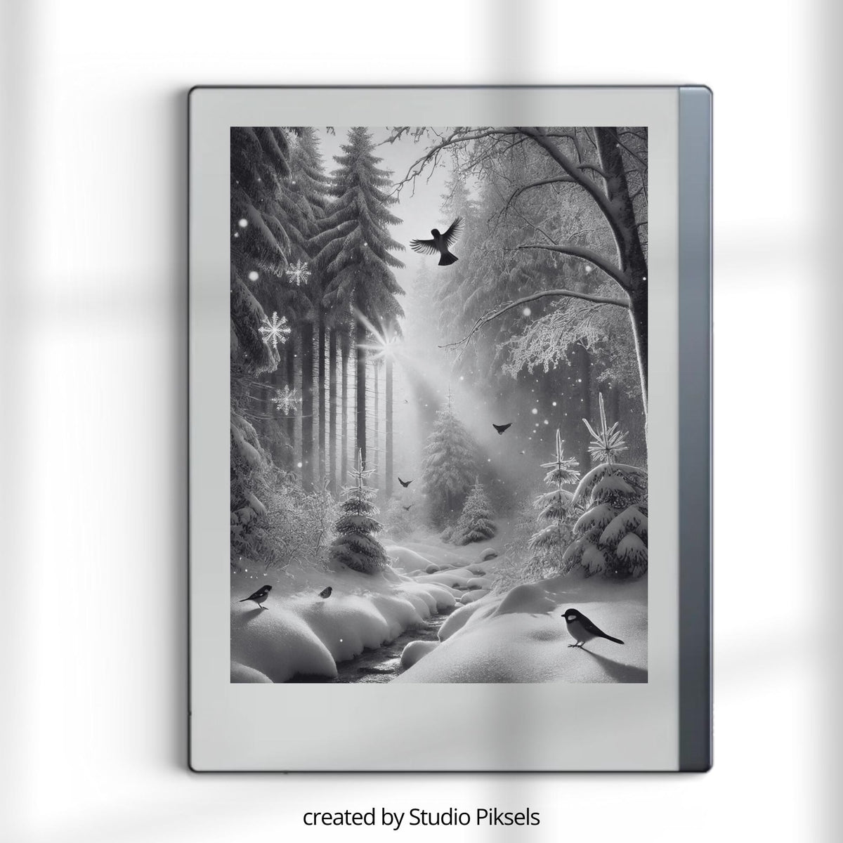 Winter Sleep Screen Bundle for reMarkable with 8 grayscale winter-themed sleep screens featuring snowy landscapes, cozy cabins, forest scenes, and peaceful seasonal artwork optimized for E Ink displays.