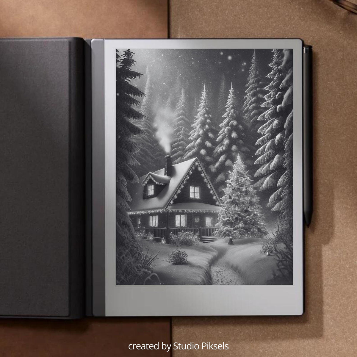 Winter Sleep Screen Bundle for reMarkable with 8 grayscale winter-themed sleep screens featuring snowy landscapes, cozy cabins, forest scenes, and peaceful seasonal artwork optimized for E Ink displays.