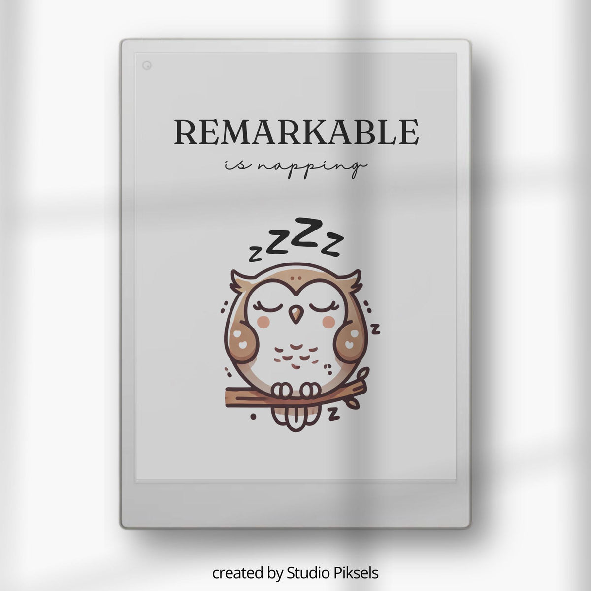 Cute owl sleep screen for reMarkable Paper Pro featuring a sleepy owl illustration with soft neutral colors designed to create a calming and playful digital cover for E Ink devices.