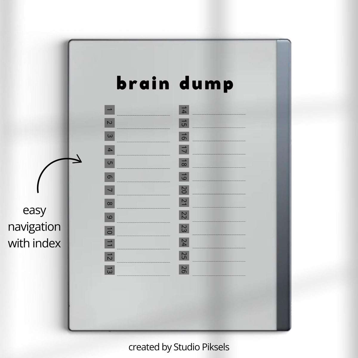 Brain Dump Template for reMarkable 2 and reMarkable Paper Pure featuring hyperlinked lined pages, interactive index navigation, and two grayscale cover designs for productivity and brainstorming