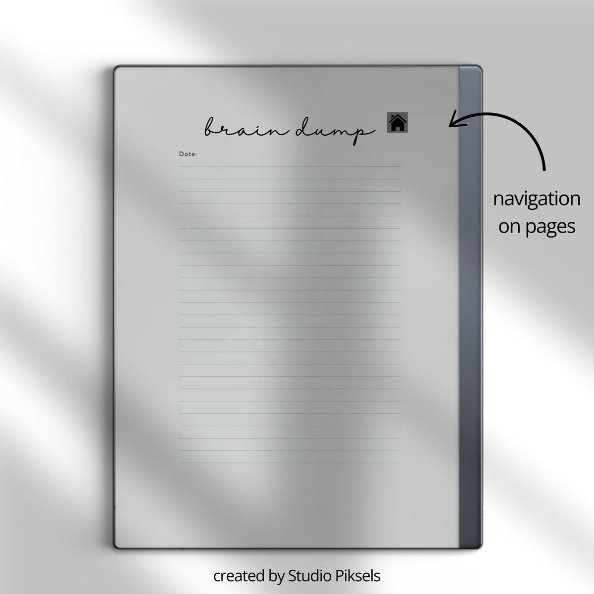 Brain Dump Template for reMarkable 2 and reMarkable Paper Pure featuring hyperlinked lined pages, interactive index navigation, and two grayscale cover designs for productivity and brainstorming