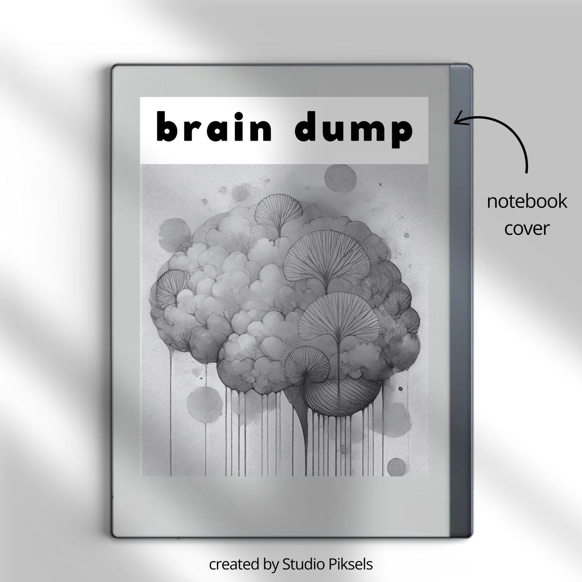 Brain Dump Template for reMarkable 2 and reMarkable Paper Pure featuring hyperlinked lined pages, interactive index navigation, and two grayscale cover designs for productivity and brainstorming