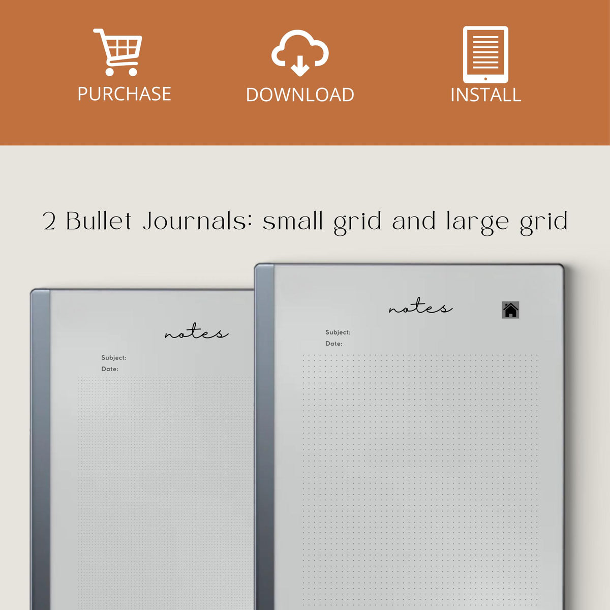 Bullet Journal Bundle for reMarkable Paper Pure and reMarkable 2 with hyperlinked small and large dot grid notebook layouts