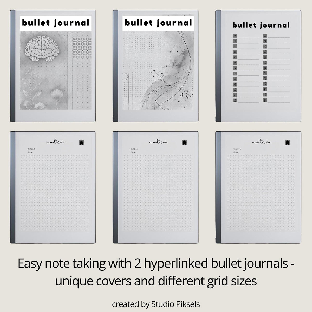 Bullet Journal Bundle for reMarkable Paper Pure and reMarkable 2 with hyperlinked small and large dot grid notebook layouts