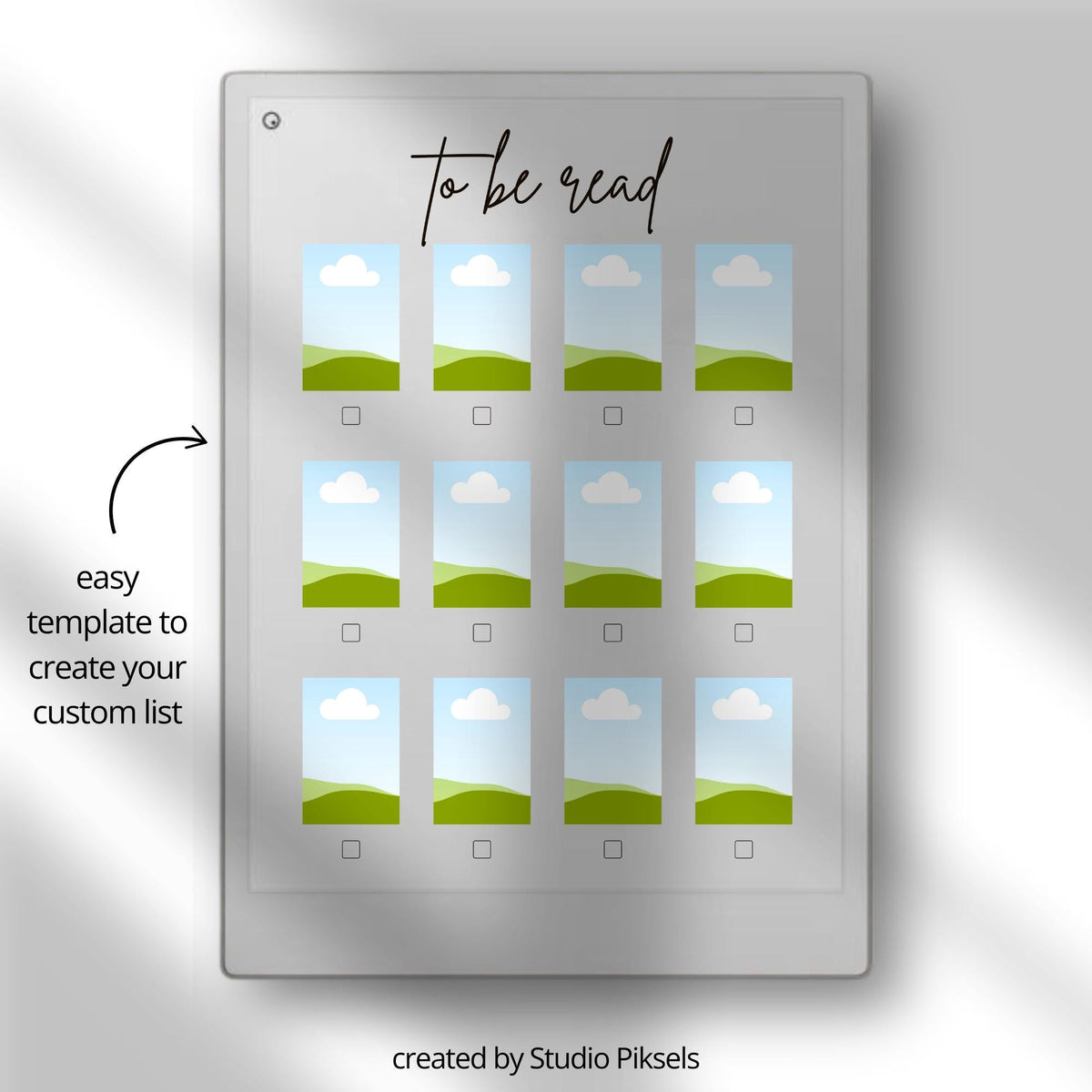 Customizable Reading Planner for reMarkable devices featuring reusable digital book tracking layouts with personalized reading lists, Canva editing, book cover organization, and structured reading journal pages.