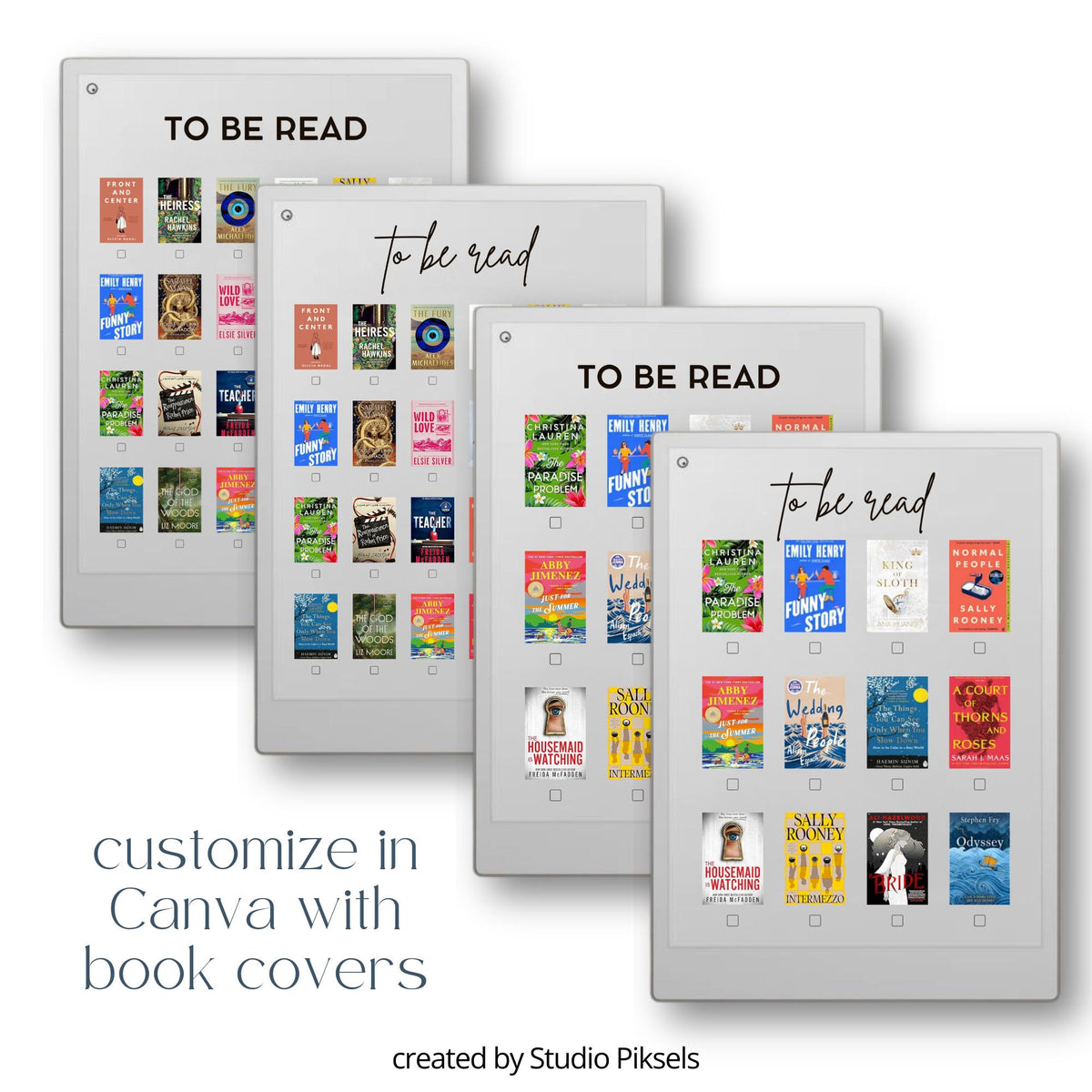 Customizable Reading Planner for reMarkable devices featuring reusable digital book tracking layouts with personalized reading lists, Canva editing, book cover organization, and structured reading journal pages.
