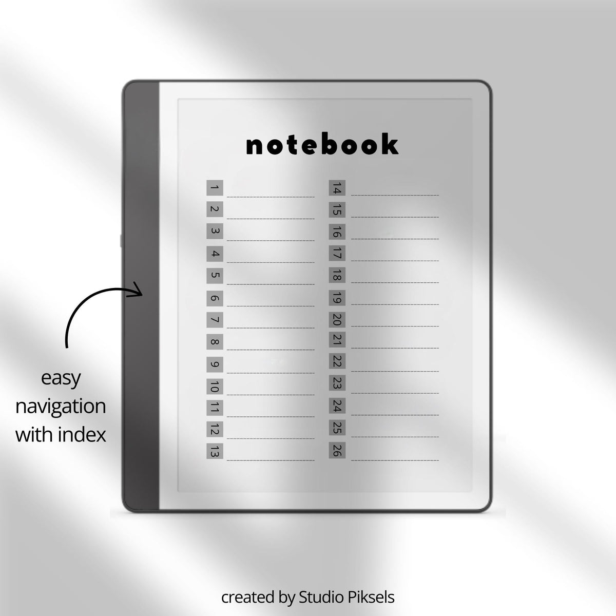 Hyperlinked Notebook for Kindle Scribe with lined digital note-taking pages, watercolor cover design, and clickable index navigation.