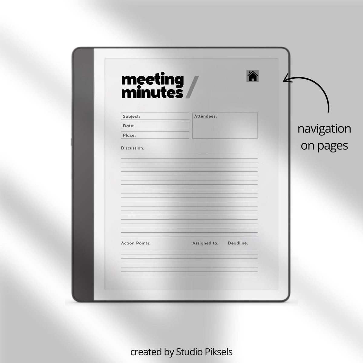 Meeting Notes Notebook for Kindle Scribe featuring hyperlinked meeting pages, action point trackers, extra notes sections, and structured layouts for professional digital note-taking.