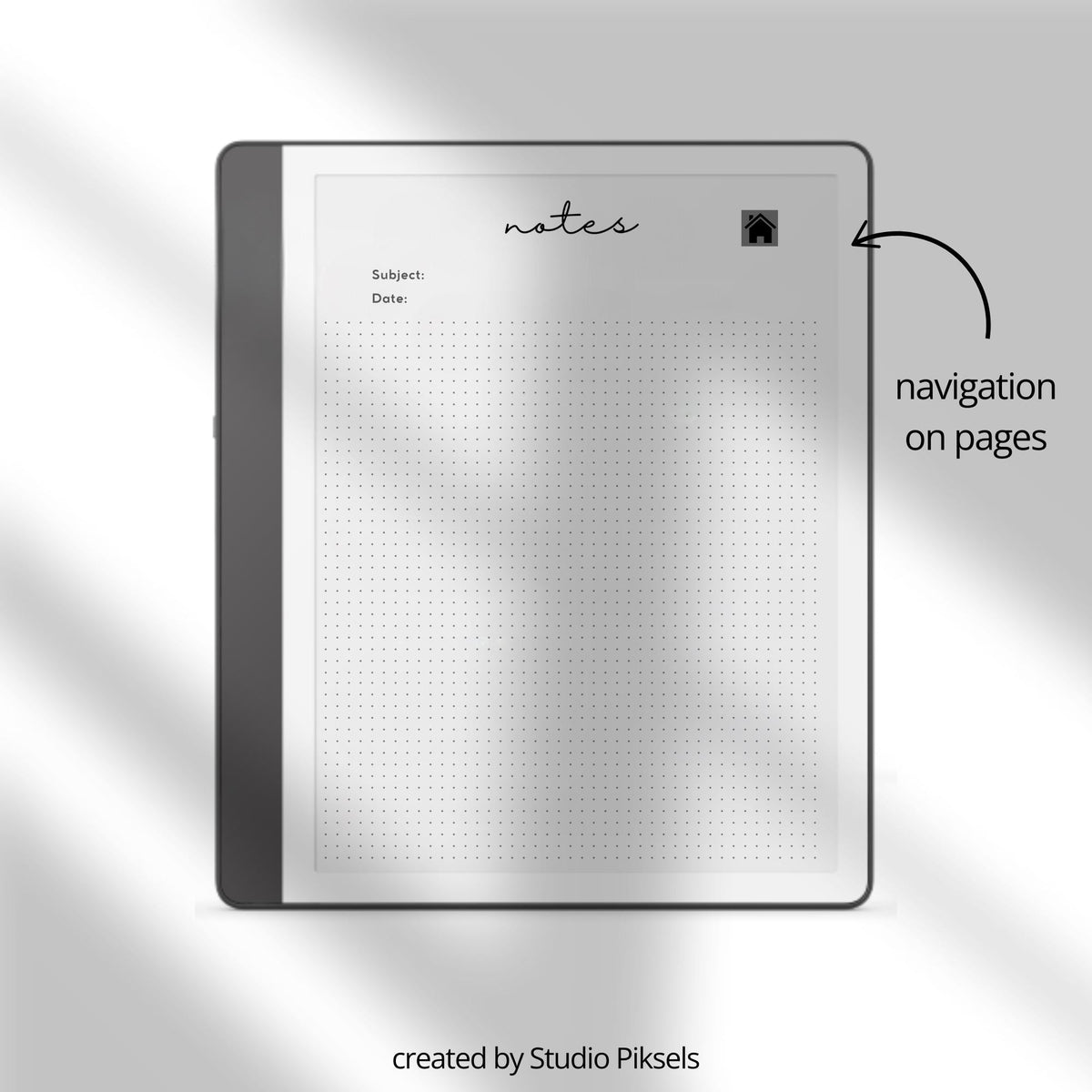 Hyperlinked Bullet Journal for Kindle Scribe featuring dot grid journal pages, clickable navigation, reusable note pages, and minimalist layouts for planning, journaling, and habit tracking.