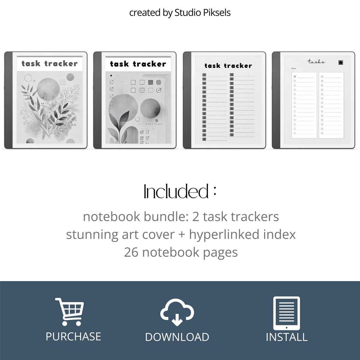 Task Tracker Bundle for Kindle Scribe featuring hyperlinked digital notebooks with daily task planning pages and minimalist productivity layouts.