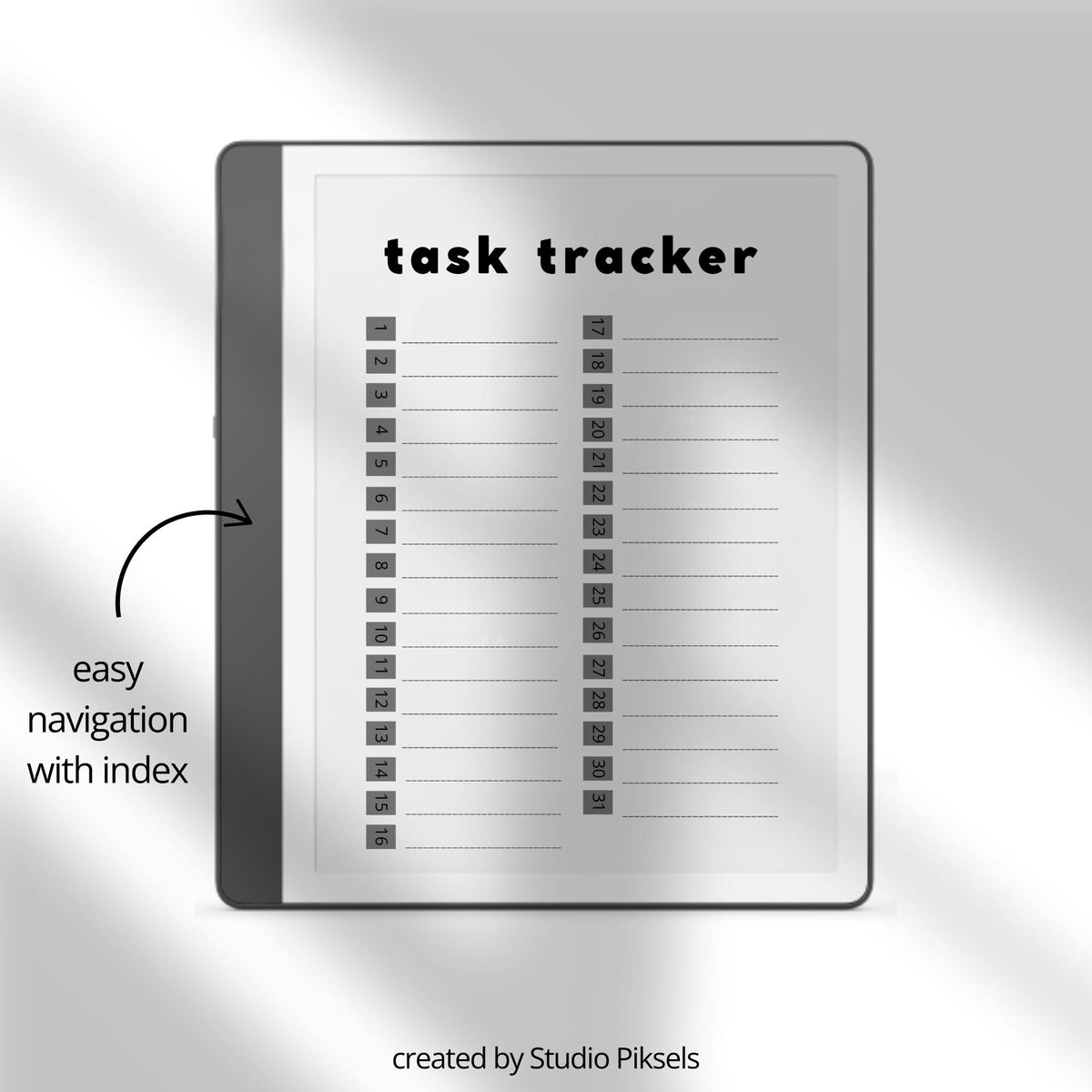 Task Tracker Bundle for Kindle Scribe featuring hyperlinked digital notebooks with daily task planning pages and minimalist productivity layouts.