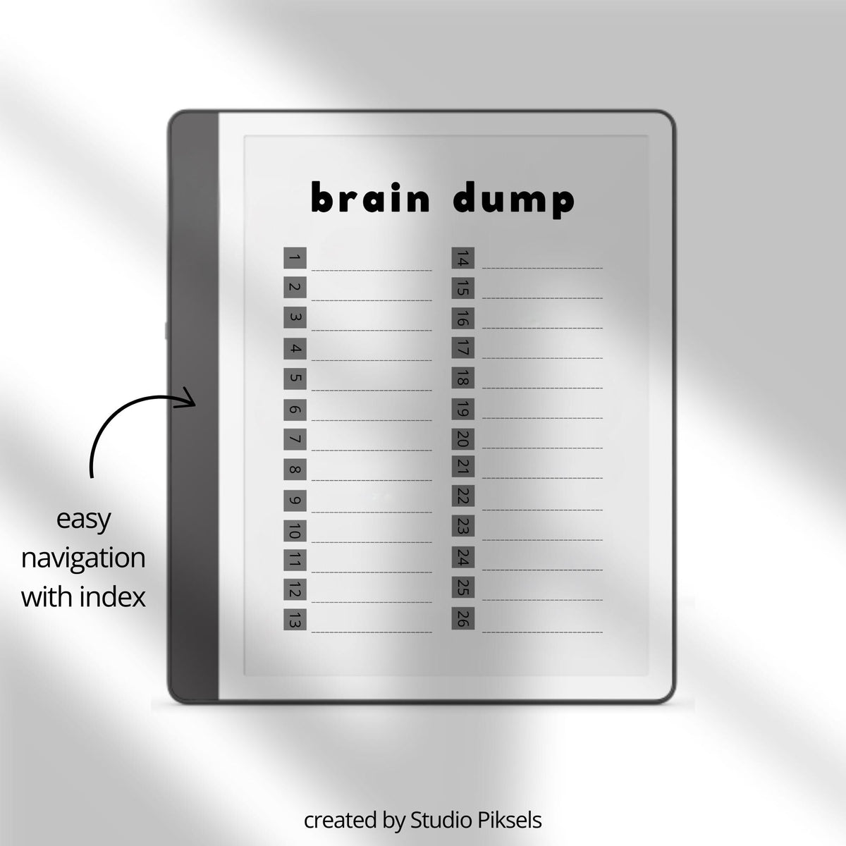 Hyperlinked Brain Dump Notebook for Kindle Scribe featuring lined note pages, clickable navigation, date sections, and minimalist layouts for brainstorming, planning, and digital note-taking.