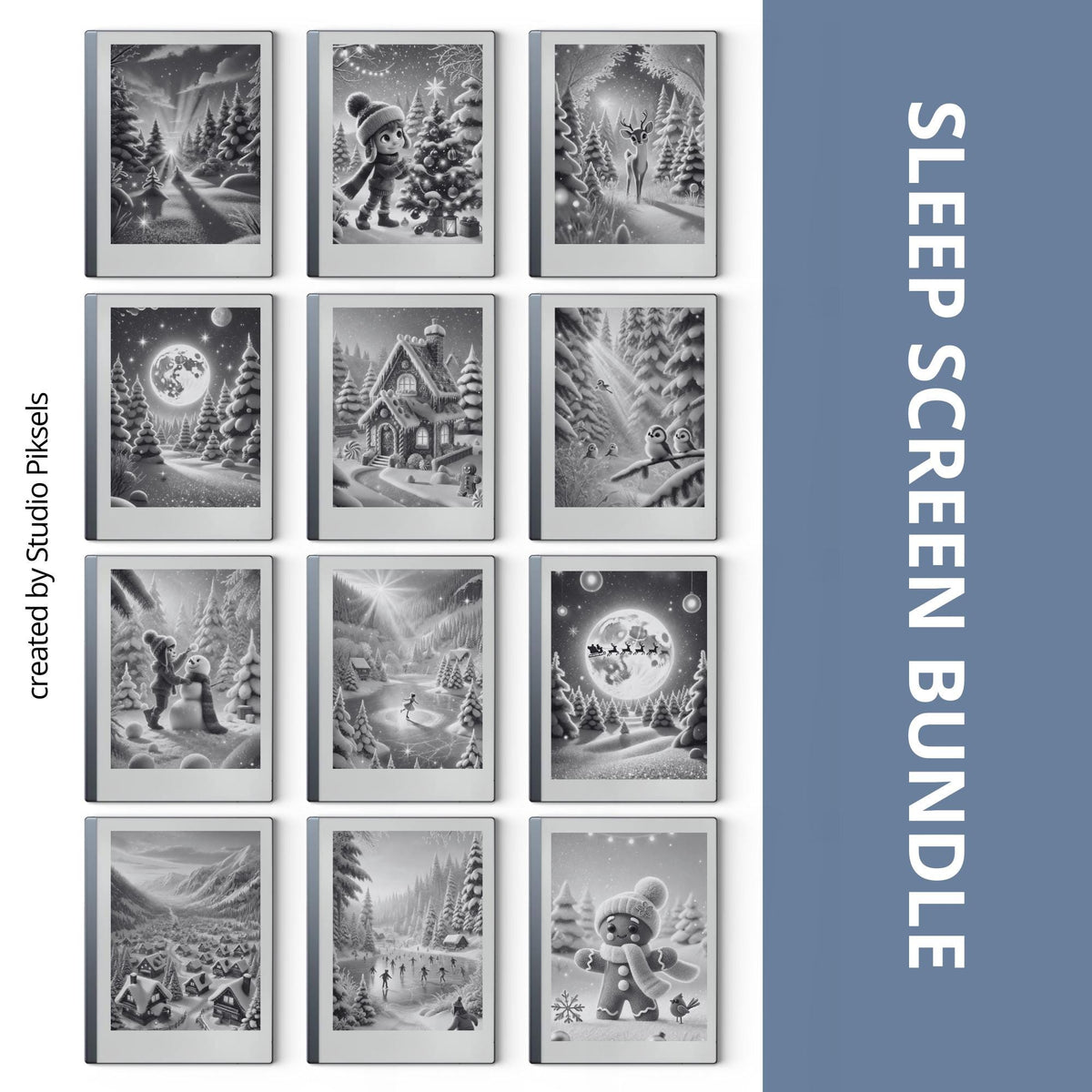 Christmas Winter Sleep Screen Bundle for reMarkable 1, reMarkable 2, and Paper Pure featuring festive holiday scenes, snowy landscapes, cozy cabins, and grayscale sleep screen artwork optimized for E Ink displays.