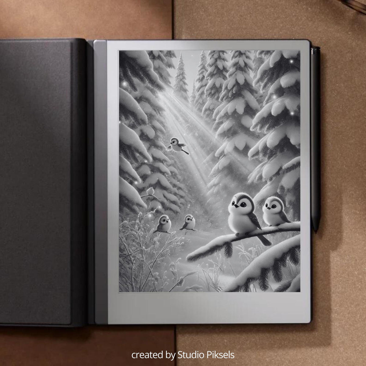 Christmas Winter Sleep Screen Bundle for reMarkable 1, reMarkable 2, and Paper Pure featuring festive holiday scenes, snowy landscapes, cozy cabins, and grayscale sleep screen artwork optimized for E Ink displays.